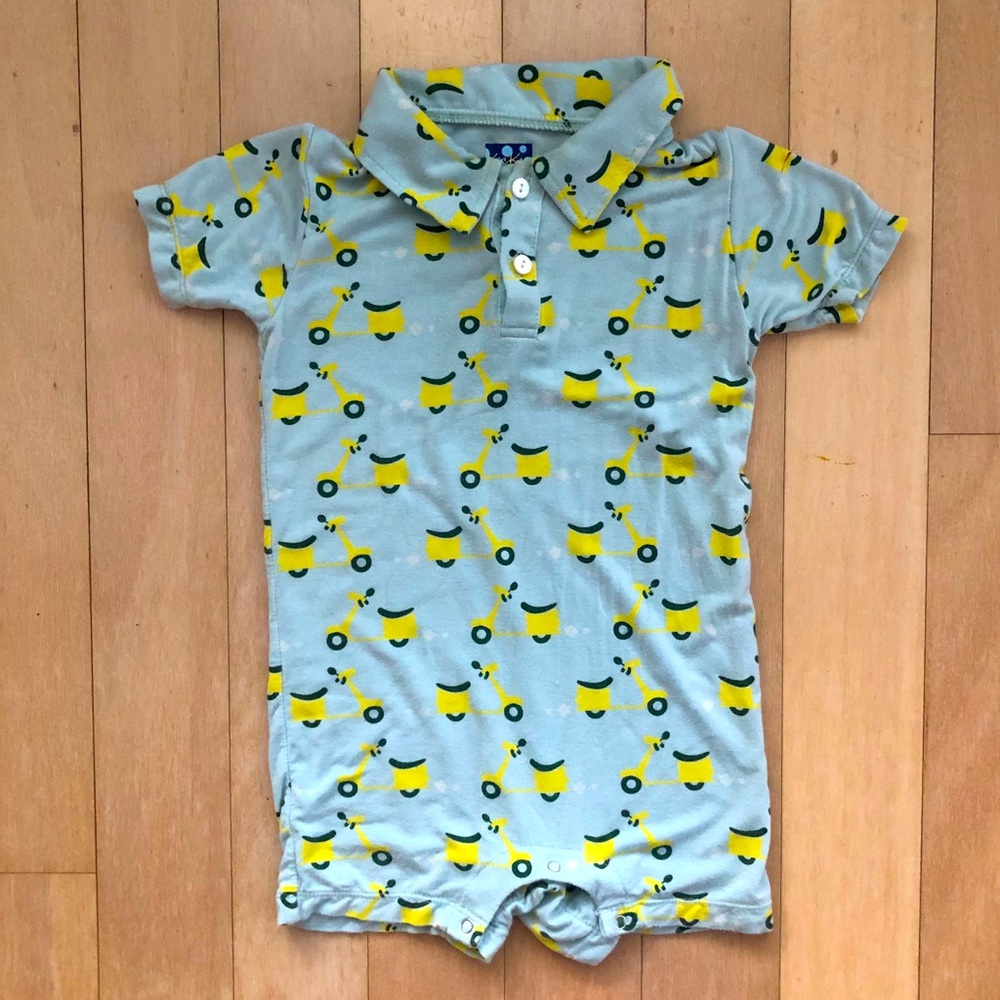 Kickee Pants polo romper with moped print